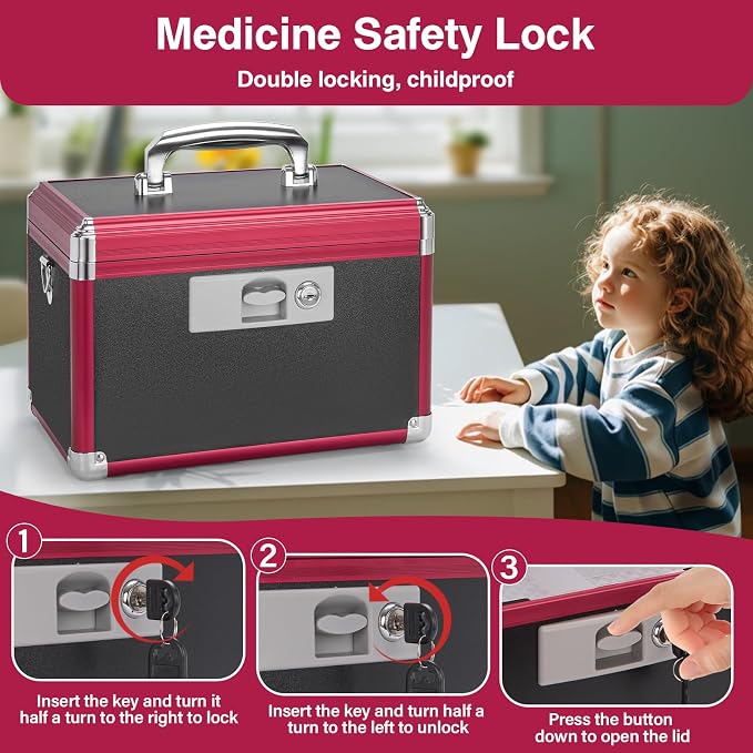 Medium Medication Lock Box with Key (11.2"x7.6"x7.6")- Childproof Aluminum Medicine Storage Safe for Prescriptions & First Aid - Secure Portable Pill Organizer for Travel, Home (Black & Red)