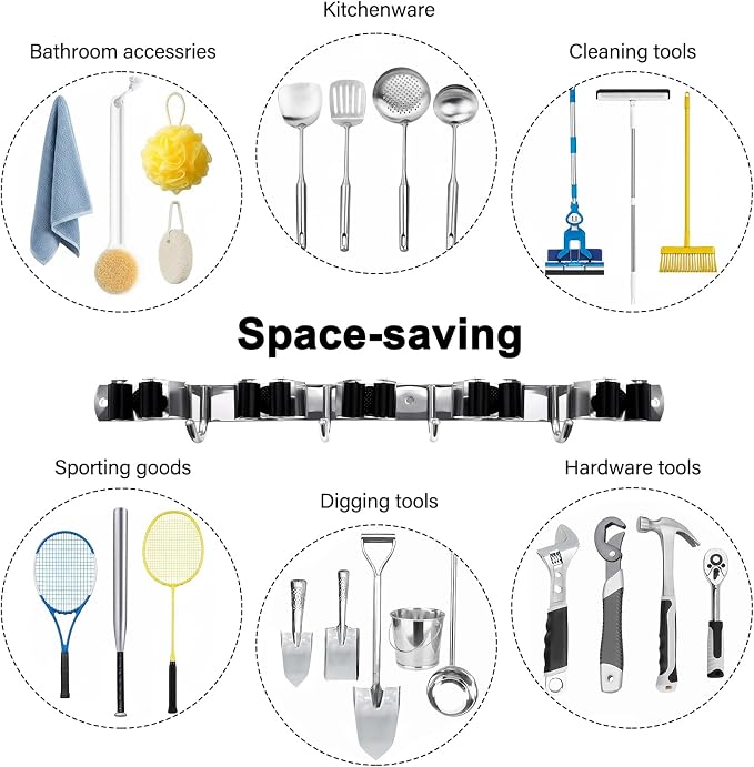 2 Packs 5 Racks and 4 Hooks Mop and Broom Holder Wall Mount | SUS304 Heavy Duty Self Adhesive Solid Non-slip Broom Organizer Storage Tool Racks, for Home Kitchen Garden Laundry Garage
