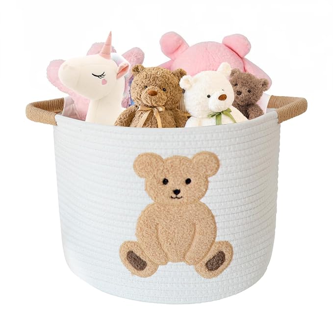 Cotton Rope Basket Toy Storage Baskets for kids Laundry Hamper, Gift Basket Empty Baby Shower Baskets with Handles, Cute Bins Blanket Stuffed Animal Storage for Nursery, Living Room Decor, Bear