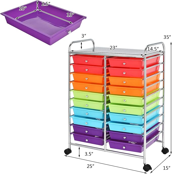 20 Drawer Rolling Storage Cart, Art Cart Organizer with Wheels for Makeup, Tool, Paper, Multipurpose Craft Storage Cart with Drawers for Office, Home, Classroom, Teacher, School (Multi-Color)
