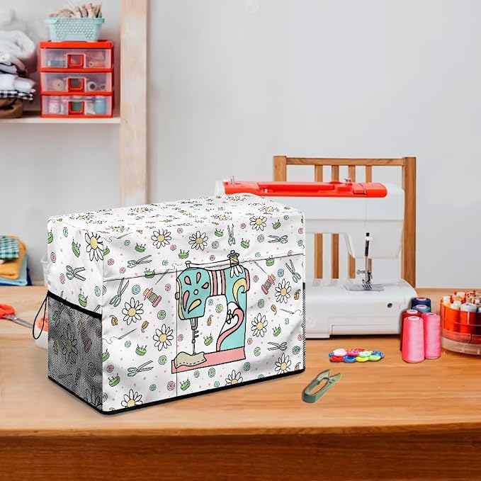 Sewing Machine Cover with Storage Pockets,Dust & Pet Hair Protection,Fits Standard Singer, Brother and Janome Machines, Protecting & Decorating Your Sewing Space Sewing Flower(White)