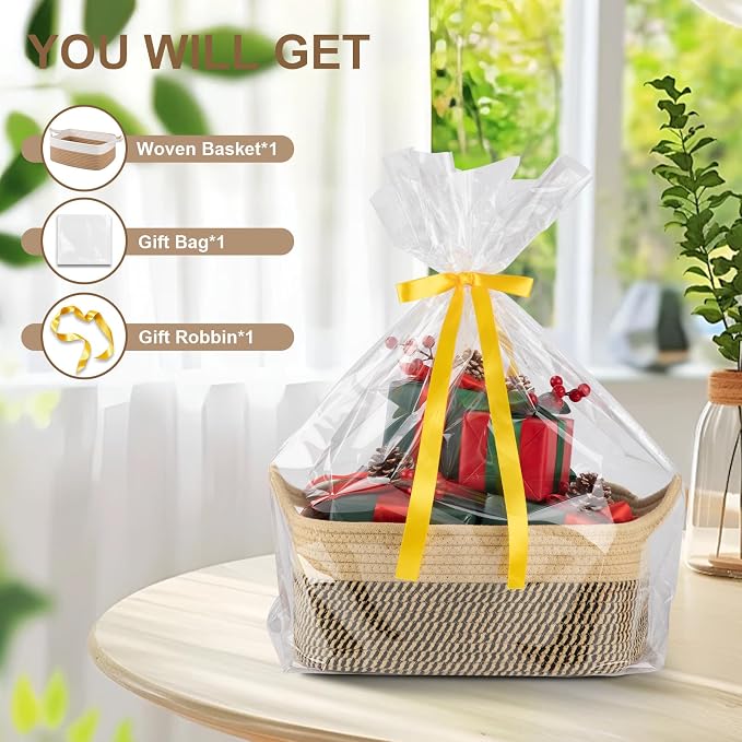 OIAHOMY Woven Basket, Gift Basket Empty with Gift Bags and Ribbons, Rope Baskets for Baby Showers, Storage Baskets with Handles for Nursery, Pet Toy Organizer -Black & Yellow