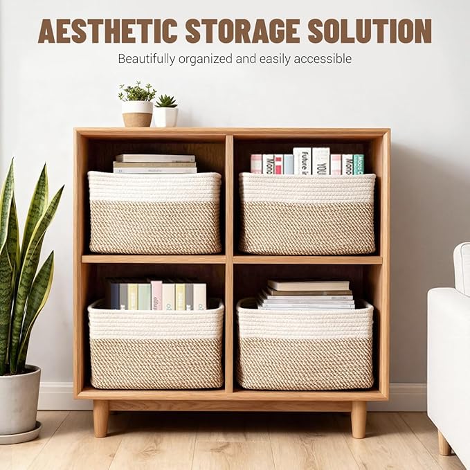 5 Pack Woven Storage Baskets, Decorative Storage Bins for Organizing | 13.8'' × 9.8'' × 7.9'', Cotton Rope Basket Organizer for Closet, Shelves, bathroom, Nursery, Toys, Books, Pantry, Khaki/White