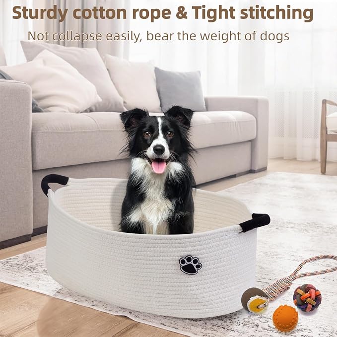 Optish 40L Extra Large Dog Toy Basket, 20" x 14" x 9" XL Toy Storage Box and Bin with Handles, Woven Cotton Rope Foldable Basket for Blankets, Living Room, Bedroom, Home Decor, White