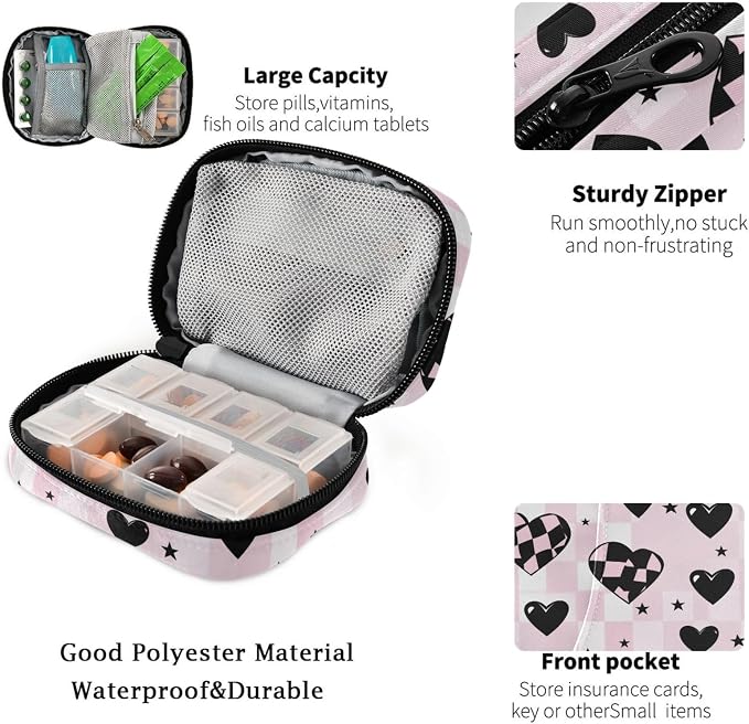 Fustylead Cute Pink and Black Heart with Checkered Design Travel Pill Organizer Bag with Zipper Small Pill Box 7 Day Pill Case for Purse Storage Weekly Vitamin Medicine Supplement