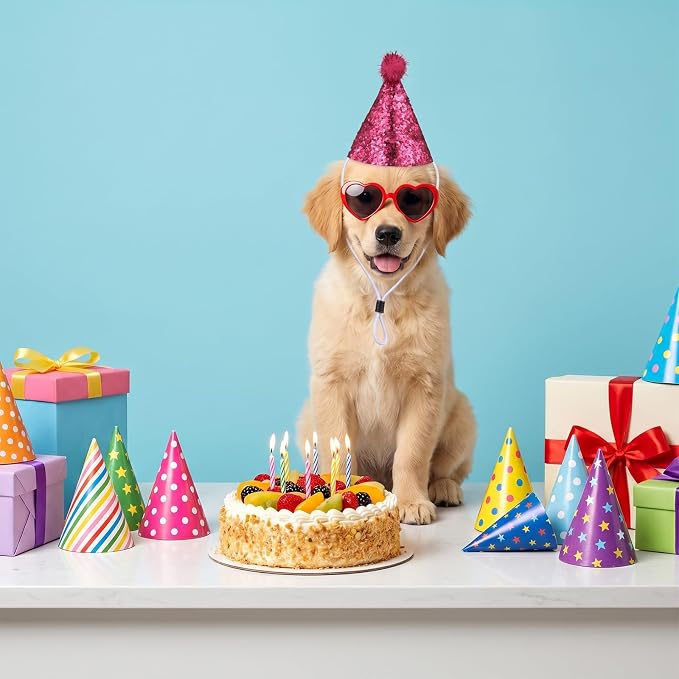 10 Pack Mini Dog Birthday Hats, Mini Party Hats for Small Dog & Cat, Small Party Hats for Stuffed Animals, Adjustable Tiny Pet Hats with Sequins for Birthday, Holiday & Costume Events