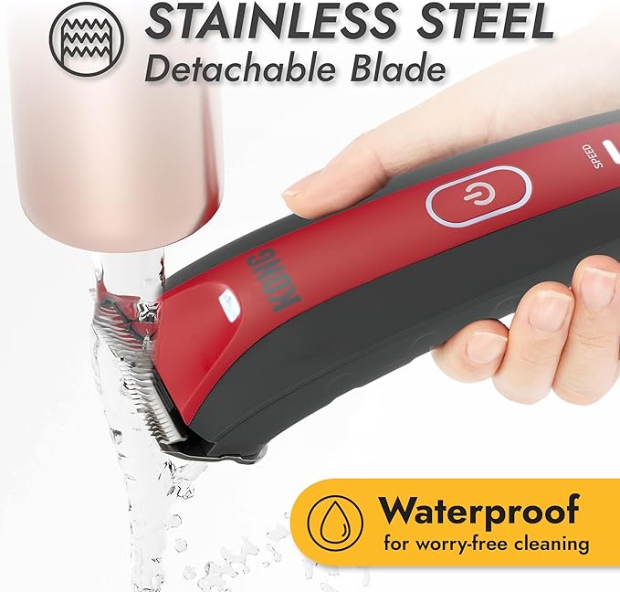 Kong 2-Speed Dog Clipper Grooming Kit – Stainless Steel Blade, Waterproof, LED Spotlight, 6 Guide Combs, 8-Foot Cord, Ergonomic Handle – Red/Gray, Medium Coat Types