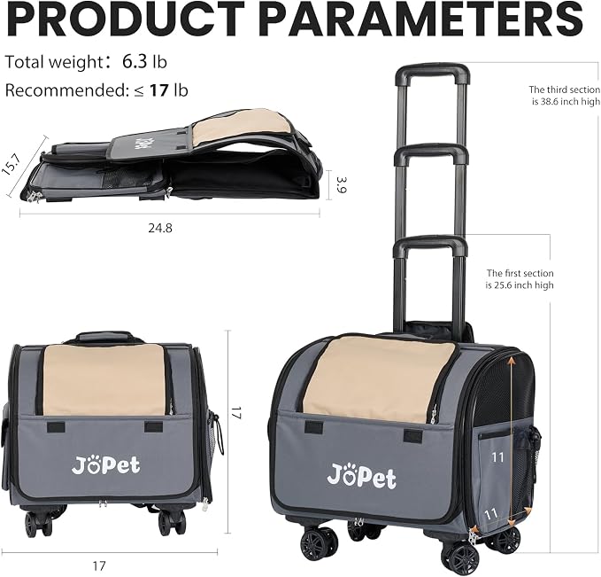 Pet Bag Carrier with Wheels, Pet Backpack with Wheels, Small Dog Carrier, cat Carrier, Detachable Wheels, Travel Bag, Pet Trolley, Soft Sided Carrier with Wheels, Foldable Carrier (Olive Green)
