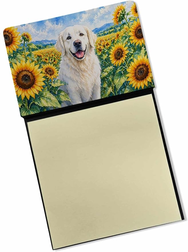 Caroline's Treasures Kuvasz in Sunflowers Watercolor Sticky Note Holder Refillable Dispenser Desk Accessory 3x3 Pad Gift