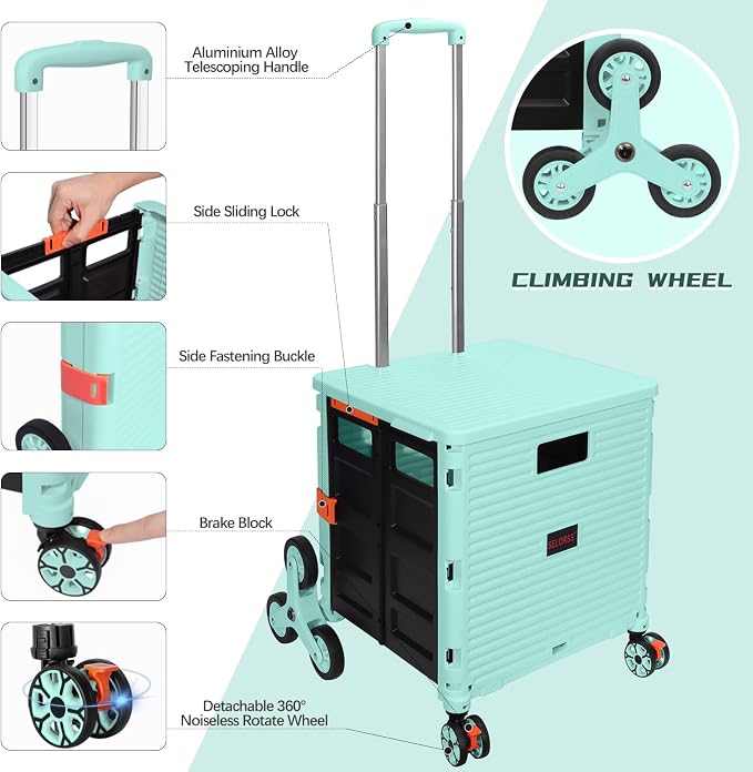 Foldable Utility Cart Collapsible Crate Rolling Carts with Stair Climbing Wheels Rolling Tote Basket Teacher Cart with Lid Wear-Resistant 360°Rotate Wheel Noiseless for Shopping Grocery Office