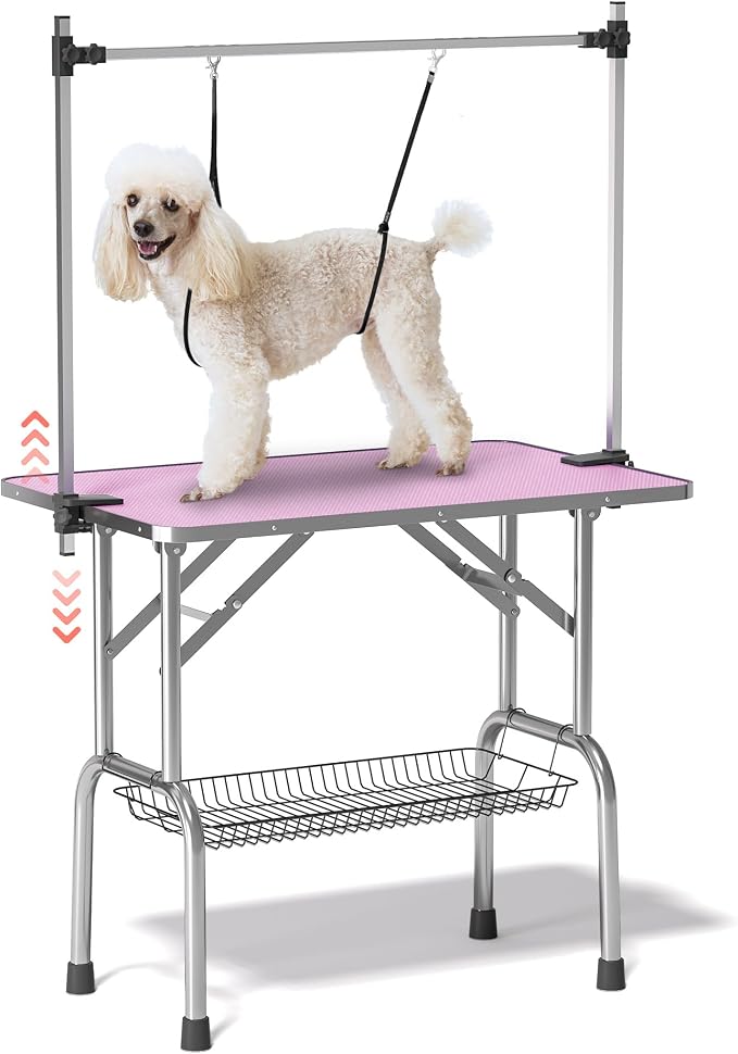 36'' Stainless Steel Pet Dog Grooming Table, Arm/Noose/Tray, Pink | Foldable Dog Grooming Table for Dogs at Home, Adjustable Height Arm, Non-Slip Waterproof Tabletop, Capacity 330Lb