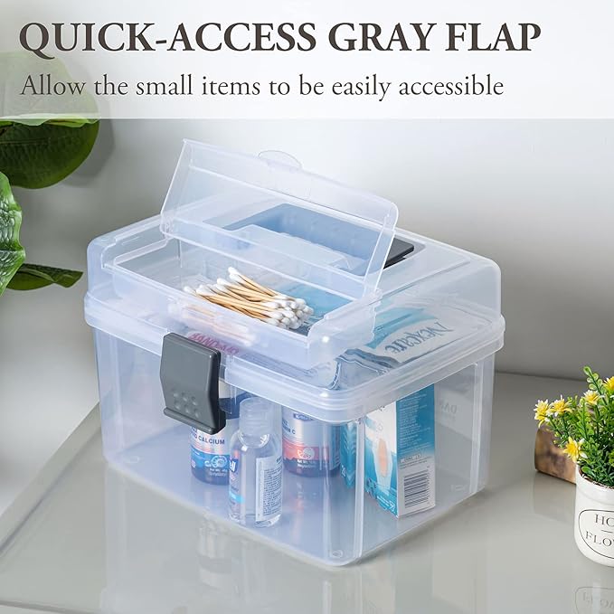 MyGift Clear First Aid Kit Box with Tray, Portable Medicine Storage | 10-Inch Organizer with Detachable Tray & Gray Handle for Medical Supplies, Travel, Home, Office & Emergency Use