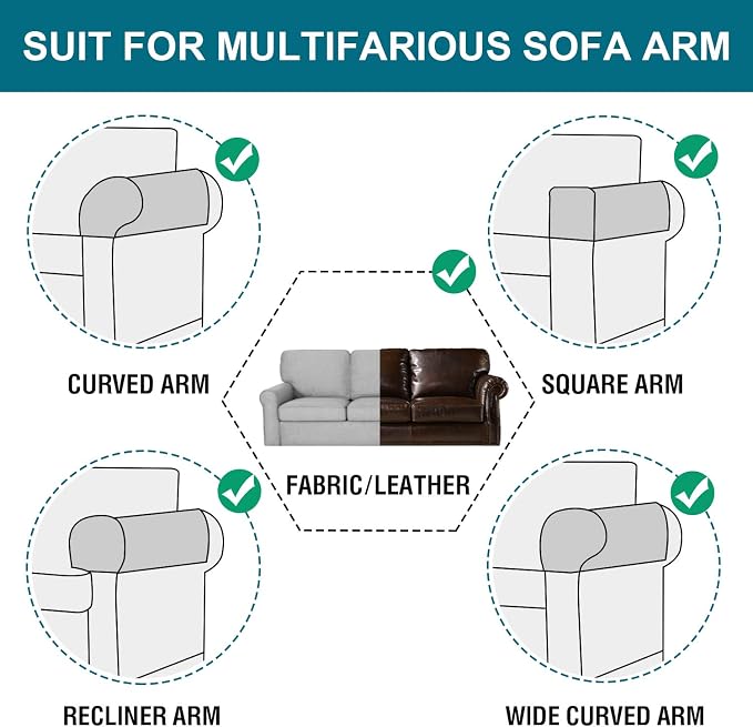 Velvet Quilted Armrest Covers - Water-Resistant Sofa Arm Protectors Set of 2 with Side Pocket Organizer, Non-Slip Furniture Covers for Chairs & Couches (Gray)