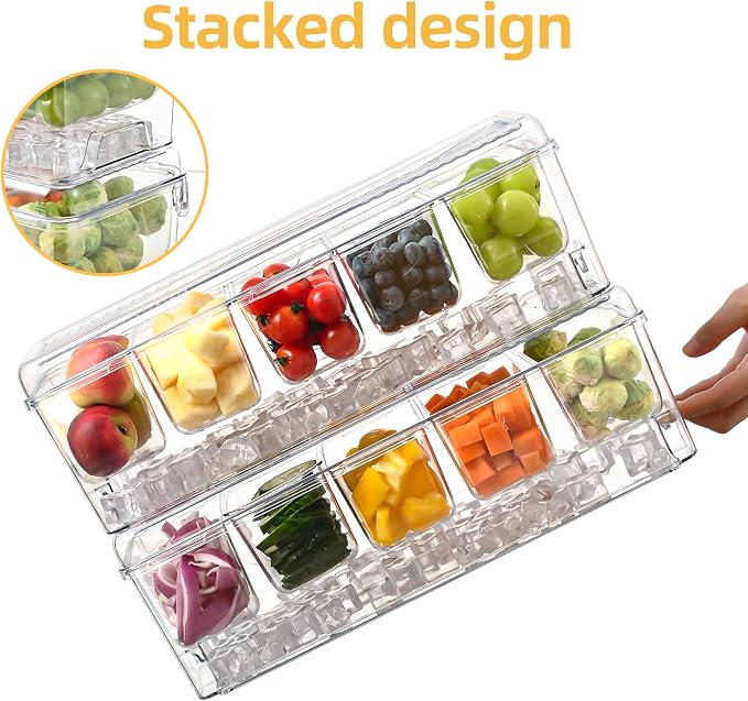 Large Chilled Condiment Caddy,Stackable Chilled Condiment Containers Server with Lids for 5 Removable Compartments (5 Containers, 2 pack)