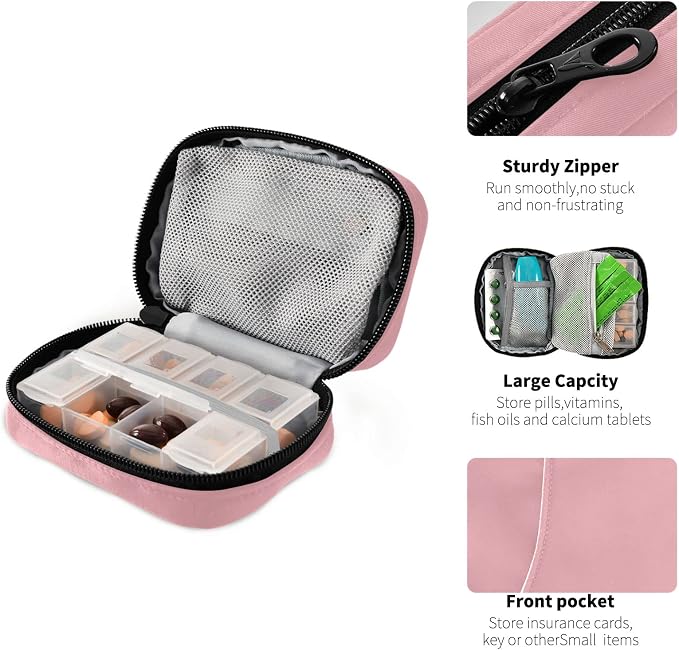 Ollabaky Basic Pink Weekly Pill Organizer, Cases Bag Portable Container 7 Days Box Organizer Vitamin Supplement Holder with Zipper for Travel Family Business Camping 4.6 x 3.14 x 1.88in