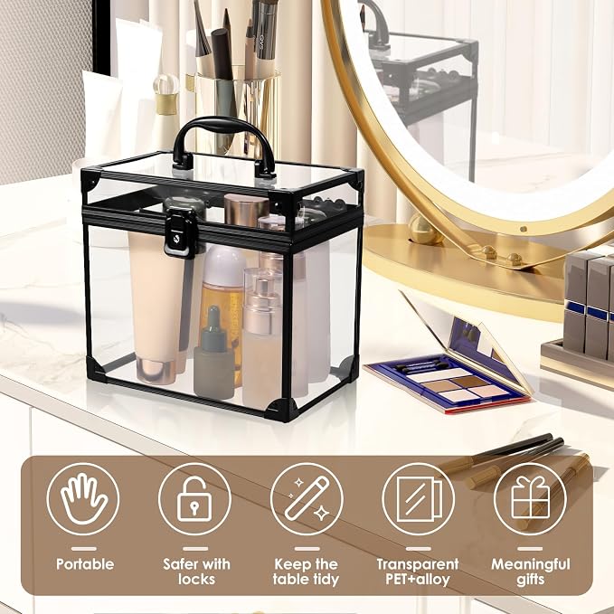 Makeup Organizer, Clear Makeup Train Case Cosmetic Box, Clear Crown Box Portable Cosmetics Toiletry Organizer Box Jewelry Storage Makeup Storage Box w Padlock and Keys for Vanity Bathroom