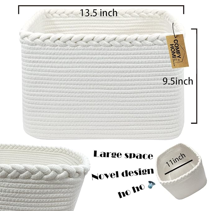 COMFY-HOMI 3PACK Cotton Rope Square Basket with Handles for Shelves| Storage|Baby Basket for GIF|Shoe Basket for Organizing|New13.5" x 11" x 9.5" for Living Room
