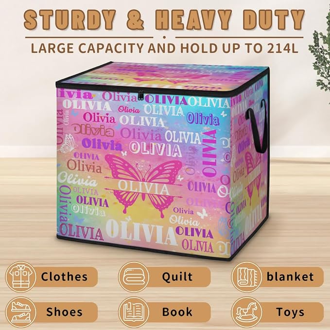 Personalized Name Large Storage Basket with Lid, Canvas Butterfly Storage Bins Quilt Clothes Organizer for Bedroom, Kitchen, Bathroom, Nursery, Shelves, Closets, Watercolor Painted Rainbow Colorful