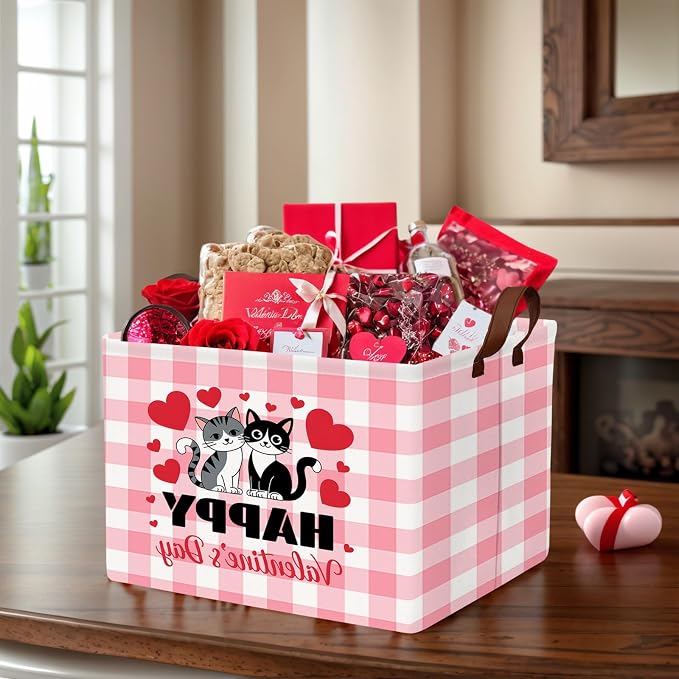 Cute Large Valentine's Day Gift Basket Empty Heart Decor Storage Bin for Kid Baby Room Décor (Pink Checkered Cat)