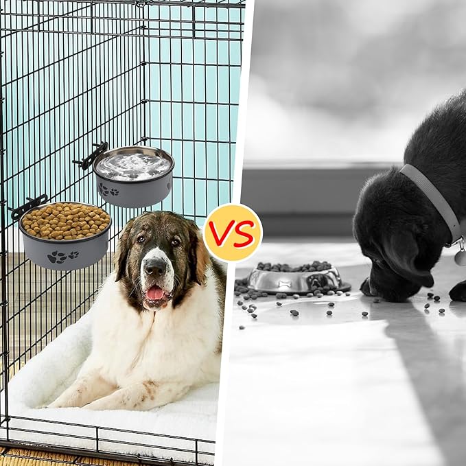 Stainless Steel Dog Crate Bowls Hanging No Spill 2 PCS - Adjustable Mountable Kennel Bowls for Medium/Large Dogs, Anti Spill Water & Food Bowl Set (Gray, L(6.3"+7.1"))