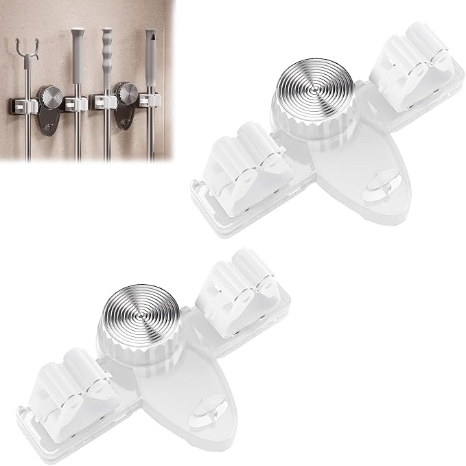 Broom Holder Mop Hanger Wall Mount, No Punching Required Mop and Broom Hanger Organizer, Adjustable Suction Cup Mop Grippers for Kitchen, Bathroom, Garage, Laundry Room (2PCS-Grey)