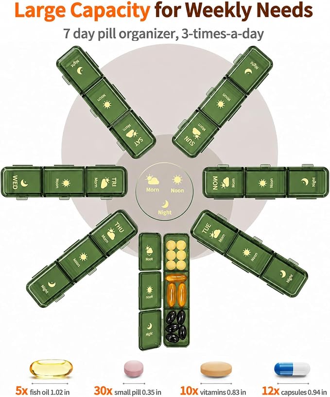 Weekly Pill Organizer 3X a Day, Large 7 Day Pill Box 3 Times a Day with 7 Compartments, Portable Travel Daily Pill Box for Medication, Vitamins, Fish Oil and Supplements, Green