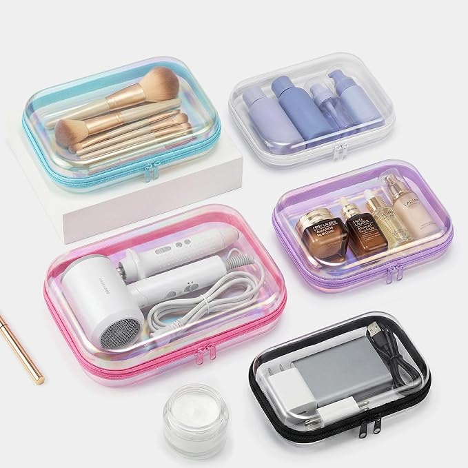 Clear Hard Shell Organizer Cases, 2 Pack | Iridescent PET shell with water-resistant, scratch-resistant surface for travel, toiletries, electronics and daily essentials
