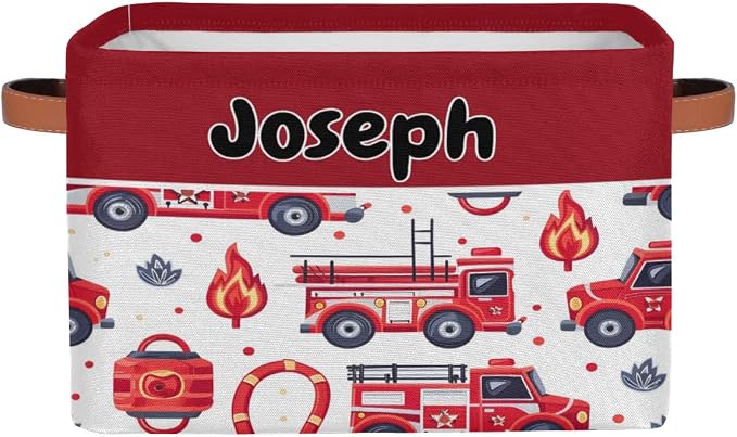 Personalized Foldable Storage Basket with Name for Boys, Laundry Hamper Dirty Clothes Pet Toys Storage Bin with Handles for Shelf Home Closet Kitchen, Fire Engines Cartoon
