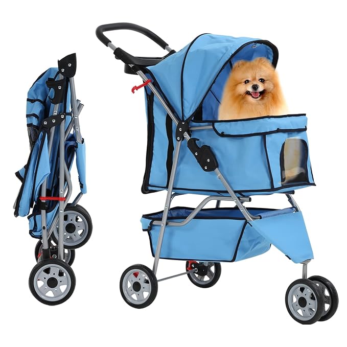 Dog Cart, 3 Wheels Pets Stroller, Folding Carrier Waterproof Puppy Stroller with Cup Holder & Removable Liner, Dog Strollers for Small Dogs, for Small and Medium Pets (Blue)
