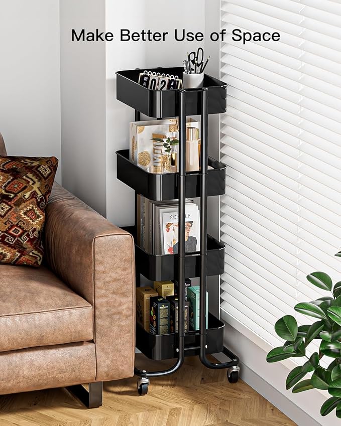Pipishell 4 Tier Metal Rolling Utility Cart with 2 Lockable Wheels, Black | 360° Rotating Wheel, Heavy-Duty Steel, Sturdy Dual Columns, Ventilated Mesh, Hold 22 lbs per Shelf, for Kitchen & Dining Room