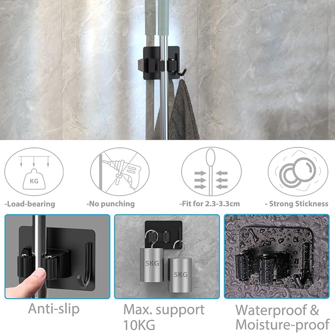 homeasy Broom Holder Wall Mount 6Pcs, Self Adhesive Mop Broom Hanger Black | Self adhesive stainless steel broom organizer with 4 hooks, holds mops, brooms and garden tools without drilling