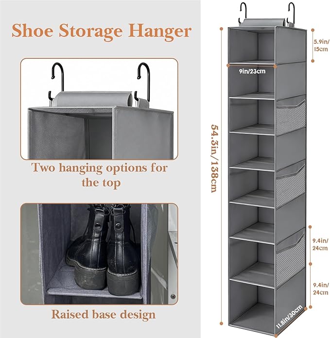 Hanging Shoe Organizer for Closet,8-Shelf Hanging Storage with Side Mesh Pockets,Wider Shelves for Baseball Caps,Clothes (9" W × 11.8" D × 54" H) Grey