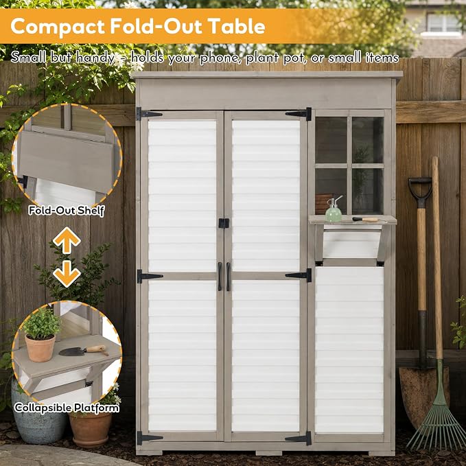 Large Outdoor Storage Cabinet with 3 Shelves, Weatherproof Shed for Outside | Fold-out Work Table, Dual-zone Shelves Keep Tools Organized, Clear Window, 6 Hooks, Anti-tip, Fits Patio, Garden, Garage