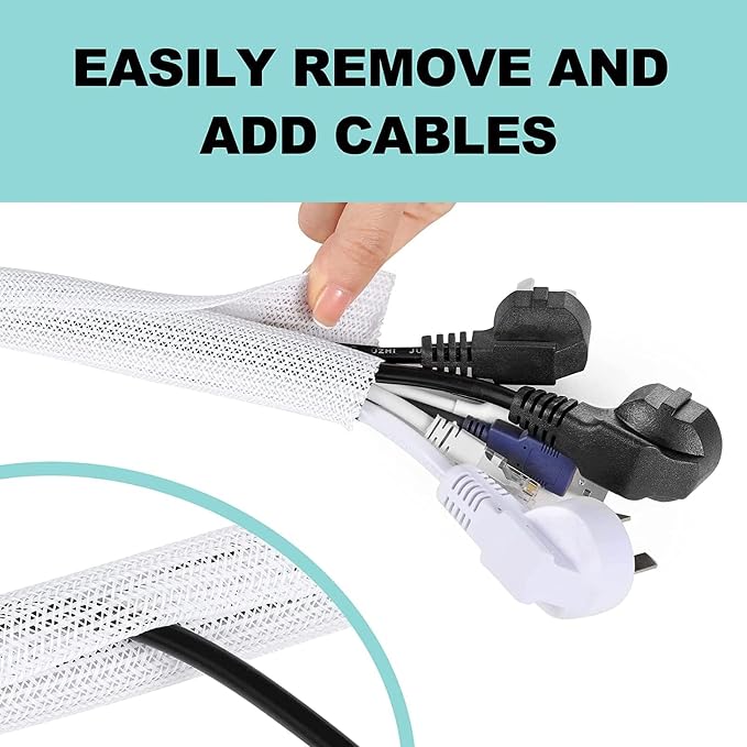 AGPTEK Cable Sleeve, 2 Pack 5ft - 1.6 Inch Cable Management Cord Hide,White | Desk Cord Cover Organizer Wire Hider for Office Computer TV Wire Loom Tubing Pet-Proof Cord Protector from Cat Dog Chewing
