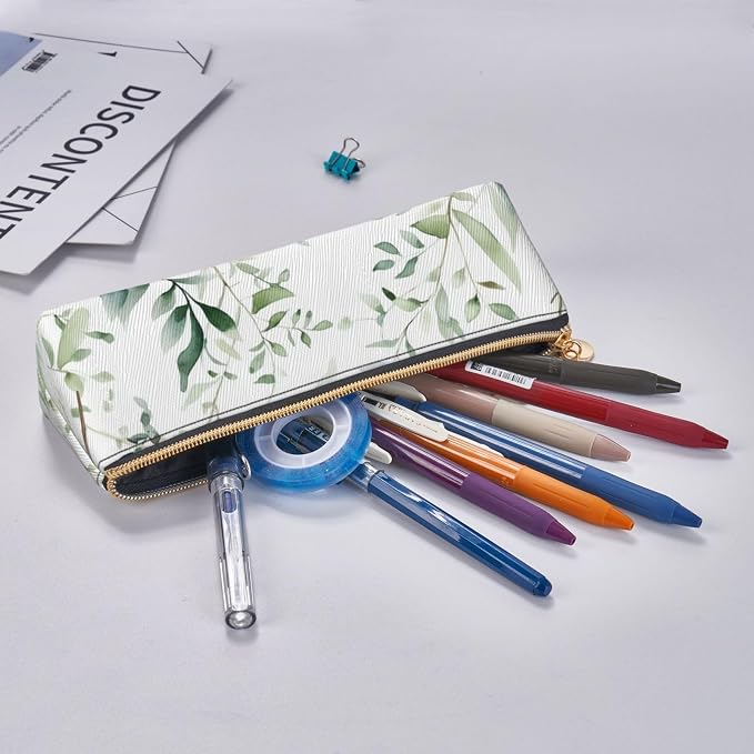 Leather Pen Case with Zipper - Aesthetic Pen Holder White Natural Greenery Twig Pencil Case for Women & Men - Handcrafted Pencil Bag Multi-Functional Travel Cosmetic Case for Work Office Tool Pouch