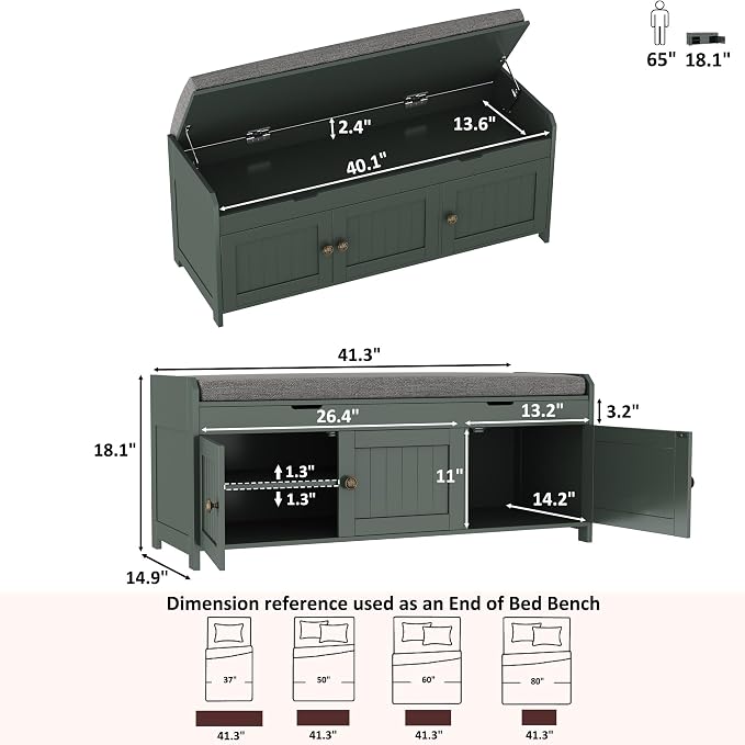 HOMEFORT 41.3" Shoe Bench with Lift Top Storage, Entryway Bench with Cushioned Seat, Wooden End of Bed Bench, Shoe Cabinet Bench with Hidden Storage Space, for Bedroom, Hallway,Green