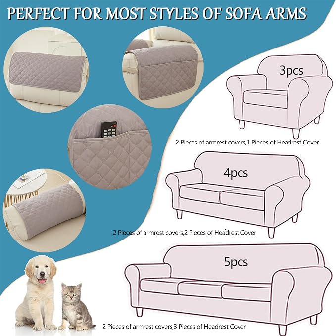 Water-Resistant Sofa Armrest and Headrest Covers, 2 Pockets | Quilted polyester helps shield recliners, loveseats and sofas from daily wear; silicone backing and fasteners improve grip