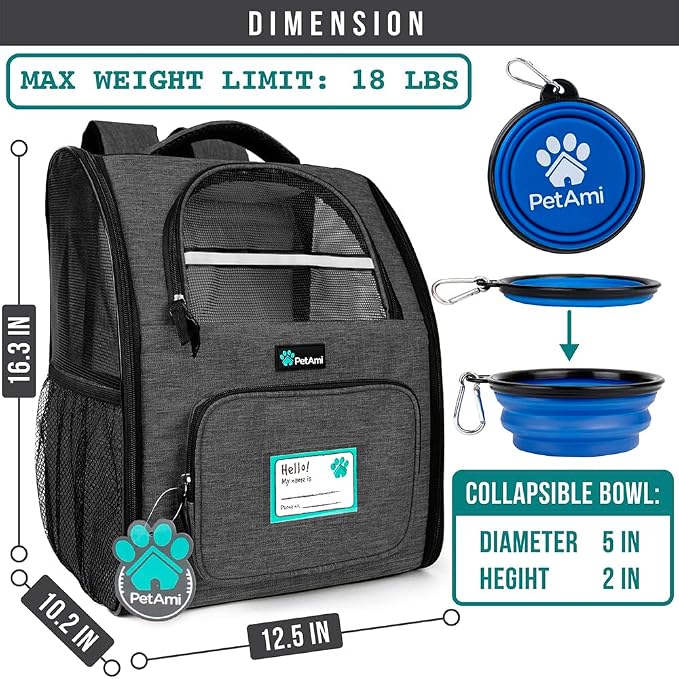PetAmi Dog Backpack Carrier Airline Approved Cat Pet Puppy Bag, Charcoal | Ideal for Small Medium Large Pet up to 18 lb, 2 Side Entry Structured No-Collapse Frame, Ventilated Bookbag for Hiking Travel