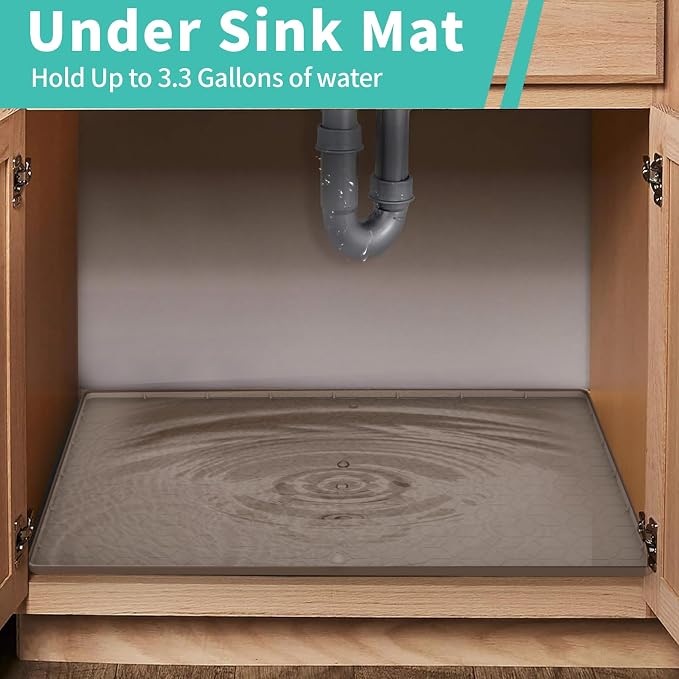 Under Sink Mat, 14"x22" Under Sink Mats for Kitchen, Silicone Waterproof Under Sink Liner, Sink Cabinet Organizer Tray with Drain Hole
