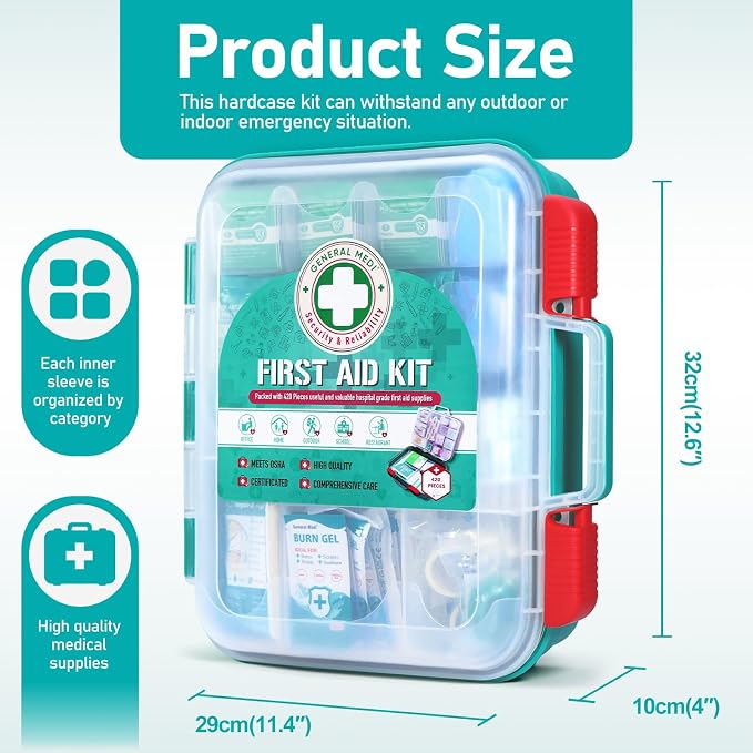 General Medi 420 Pieces Professional First Aid Kit - HardCase First Aid Box - Contains Premium Medical Supplies for Travel, Home, Office, Vehicle, Camping, Workplace & Outdoor (Pack of 3)