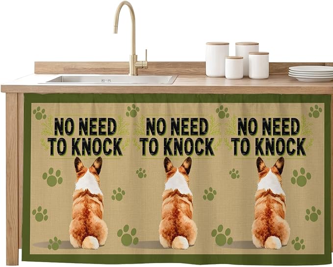NO Need to Knock Cabinet Curtains 28"x51" Sink Skirt for Bathroom Kitchen, Corgi Dog Paw Prints Pet Lover Farmhouse Self Stick Adhesive Under Desk Covers Tall Laundry Cabinet Storage Organizer