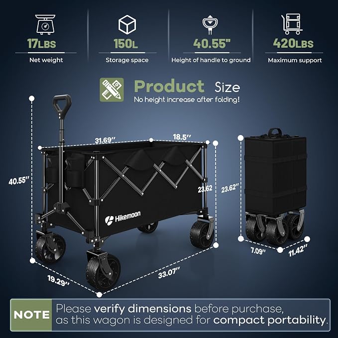 HIKEMOON 150L Collapsible Wagon Compact with Big Wheels, 420LBS Black | Wagons Carts Foldable, Heavy Duty, Portable, All-Terrain, Utility Folding Cart for Shopping/Beach/Garden/Camping/Sports