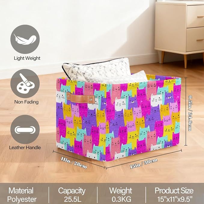 Pardick Storage Baskets Bin, Colorful Animals Cat Cute Collapsible Canvas Fabric Storage Bin Decorative Baskets Toy Organizer Rectangle Storage Boxes with handles for Home Shelves Nursery,Q-9