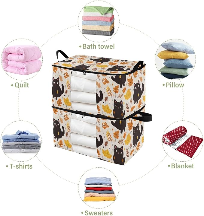 Generic Cute Cat Leaves Autumn Clothes Storage Bag Bins 2 Pack Foldable Storage Containers Large Closet Organizer with Zipper Storage Cubes for Clothing Comforters Bed Sheets 60L