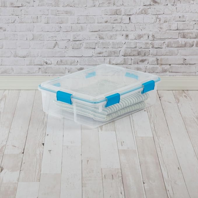 Sterilite Gasket Storage Box with Lids for Home & Office, 37 Quart, 8-Pack | Heavy-Duty, Stackable, and Organizing Containers for Bathroom, Cabinet, Closet, and Garage, Clear and Blue Aquarium Latches
