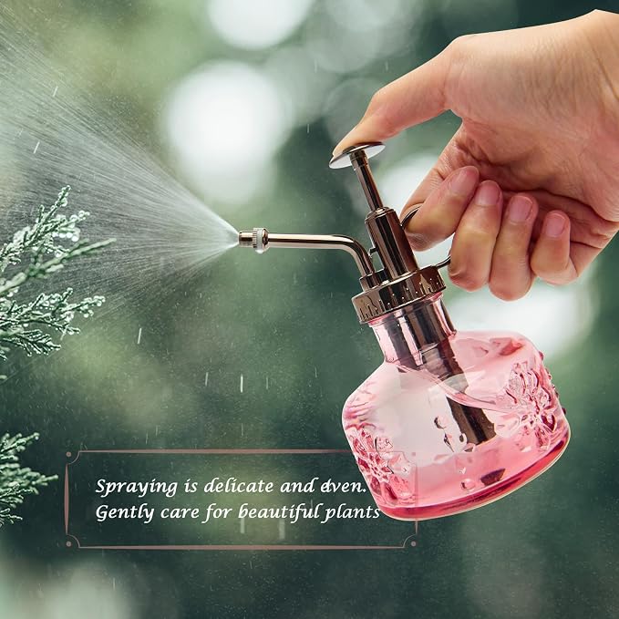 XXXFLOWER Glass Plant Mister Spray Bottle Pink 180ml/6 oz | Mini Watering Can Indoor Plants Indoor Plant Mister Succulent Watering Bottle Tall Vintage Style with Bronze Plastic Top Pum