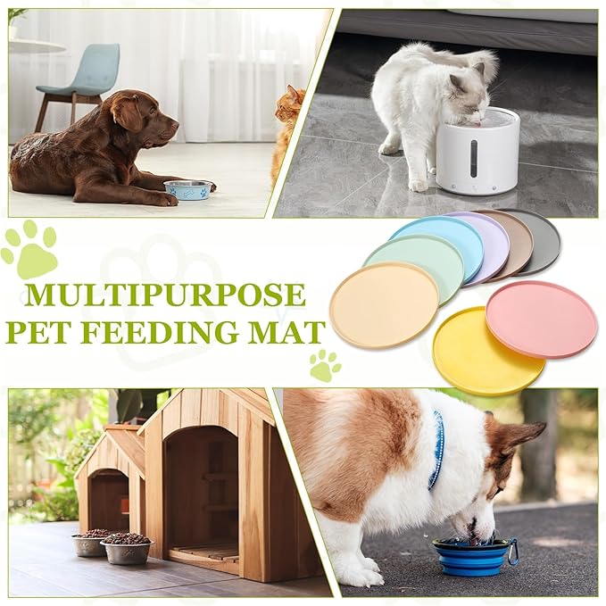Cat Food Mat, 7x7 Inch Silicone Pet Feeding Mat Non-Slip Round Waterproof Dog Water Bowl Tray Raised Edge Protects Floors (2Pcs, Purple), Intended for Pets Bowl/Fountain