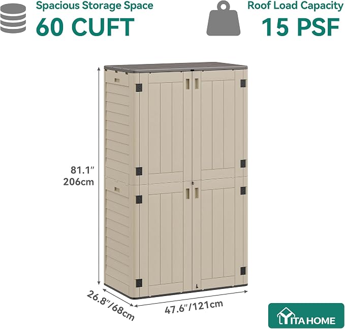 YITAHOME 60 cu ft Tall Outdoor Storage Shed w/o Shelf, Resin Vertical Outdoor Storage Shed, Large Waterproof Storage Cabinet for Garage, Poolside, and Garden (Khaki + Black)