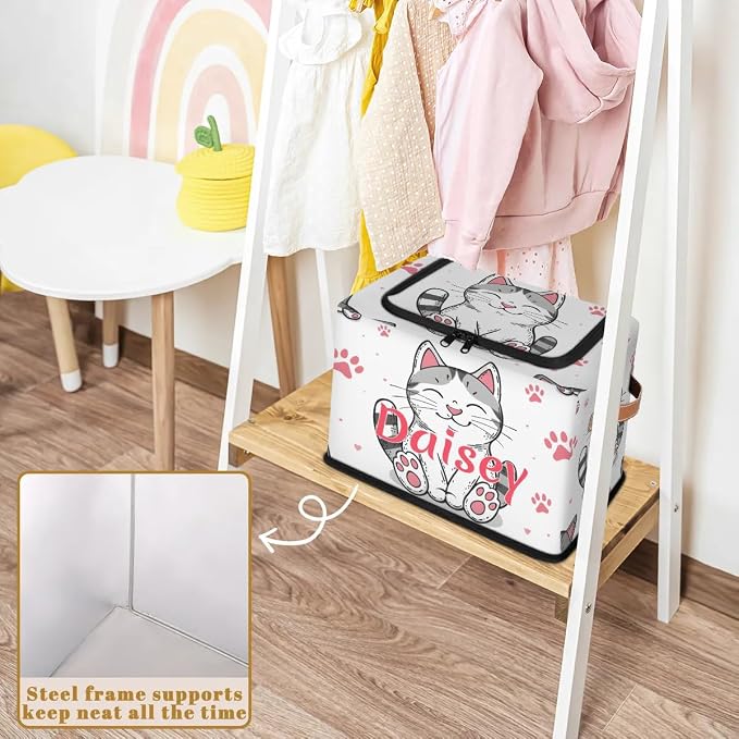Custom Cute Cats Footprint Storage-Bin With Zipper Lid for Kids-Girls-Boys-Baby-Pet,Personalized Name Foldable Storage Box with Handle,Baby Basket With Label for Bedroom Nursery Toy Clothes,White