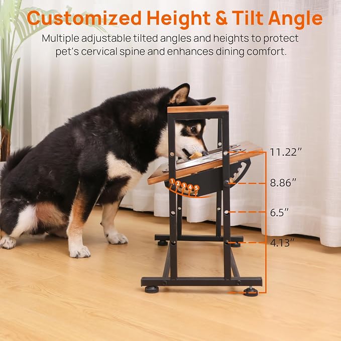 Adjustable Height Pet Feeder Stand with 2 Dishwasher-Safe Stainless Steel Bowls – Brown Wood Top & Black Metal Frame Elevated Food/Water Station for Dogs/Cats Under 100LBS